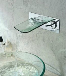 modern faucet, wall-mount faucet, glass faucet, refinish bathroom
